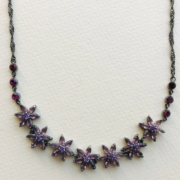Vintage Dark Silver Necklace & Earrings Set w/ Faux Amethyst Flowers - Picture 5 of 5